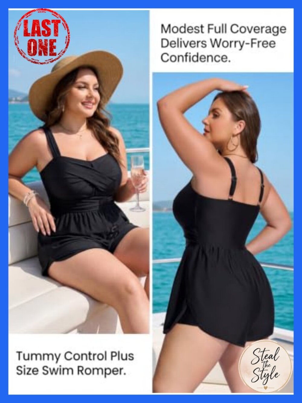 Plus Size One Piece Swimsuit Tummy Control Modest Bathing Suit Romper with - Picture 3 of 5